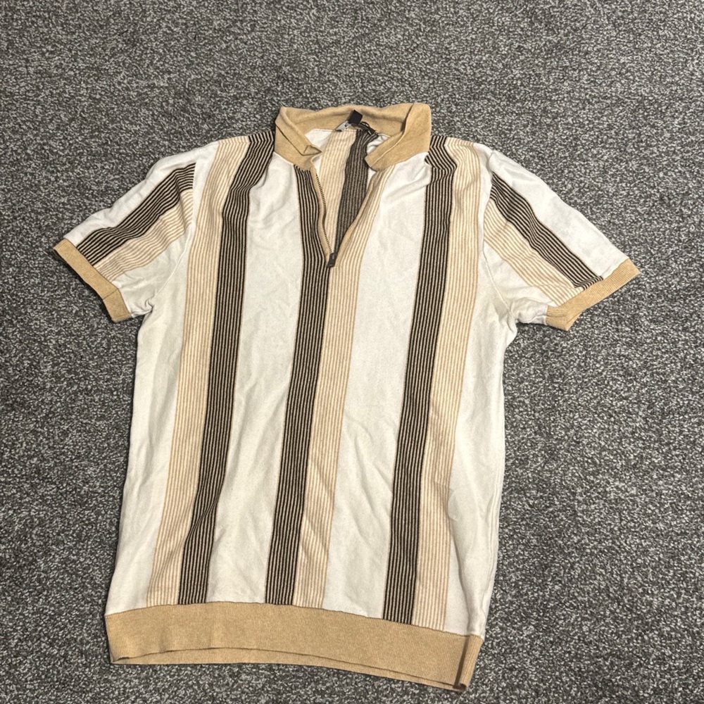 Express Men's Polo Shirt - Cream and Brown Stripes
